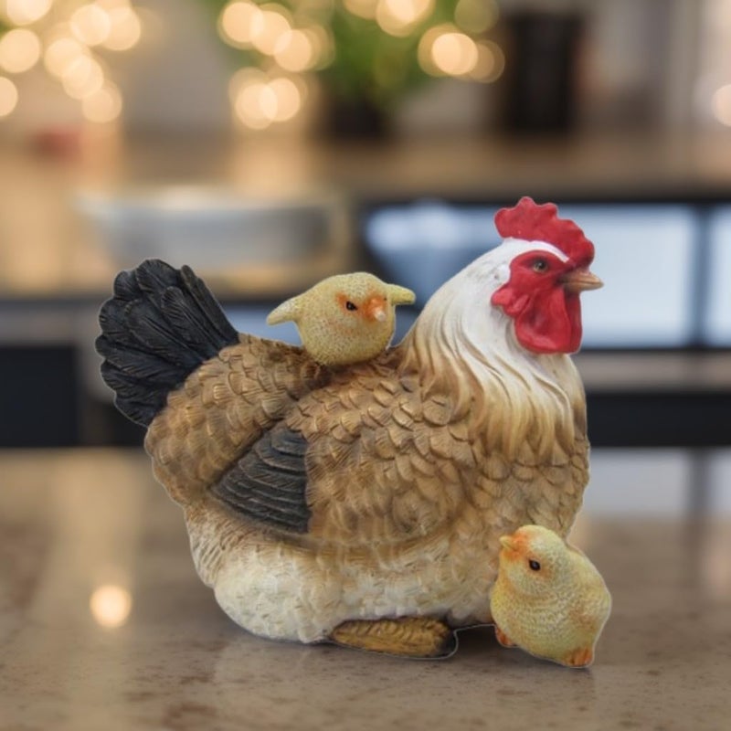ICE Armor Hand Painted 7" W Chicken Family Figurine Statue Sculpture Ornament Decoration Home/Room Decor Ideas for Housewarming, Holidays and Birthdays Great Collectible Addition - Image 1