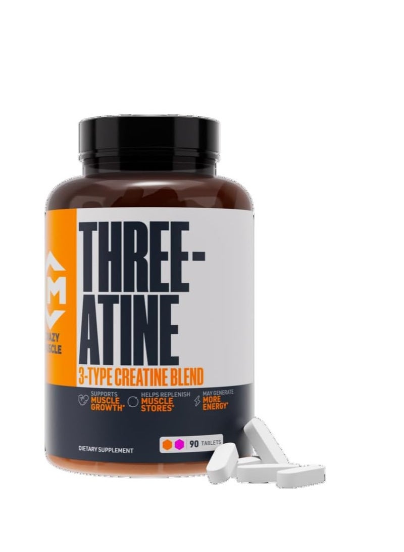 Crazy Muscle Creatine Pills, 5g 3X Pure Creatine Monohydrate Pills, Pre Workout Bulk Muscle Mass Gainer, High Absorption Easy to Take ThreeAtine 3 Type Optimum Performance for Lean Growth Men Women, 90 Tablets - Image 1