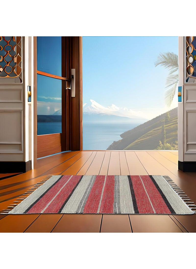 H2H - H2H Cotton Stripe Design|Unique Color Combination Bedside Rectangular Rug|60Cm X 90Cm-Red (60X90Cm) - Image 1