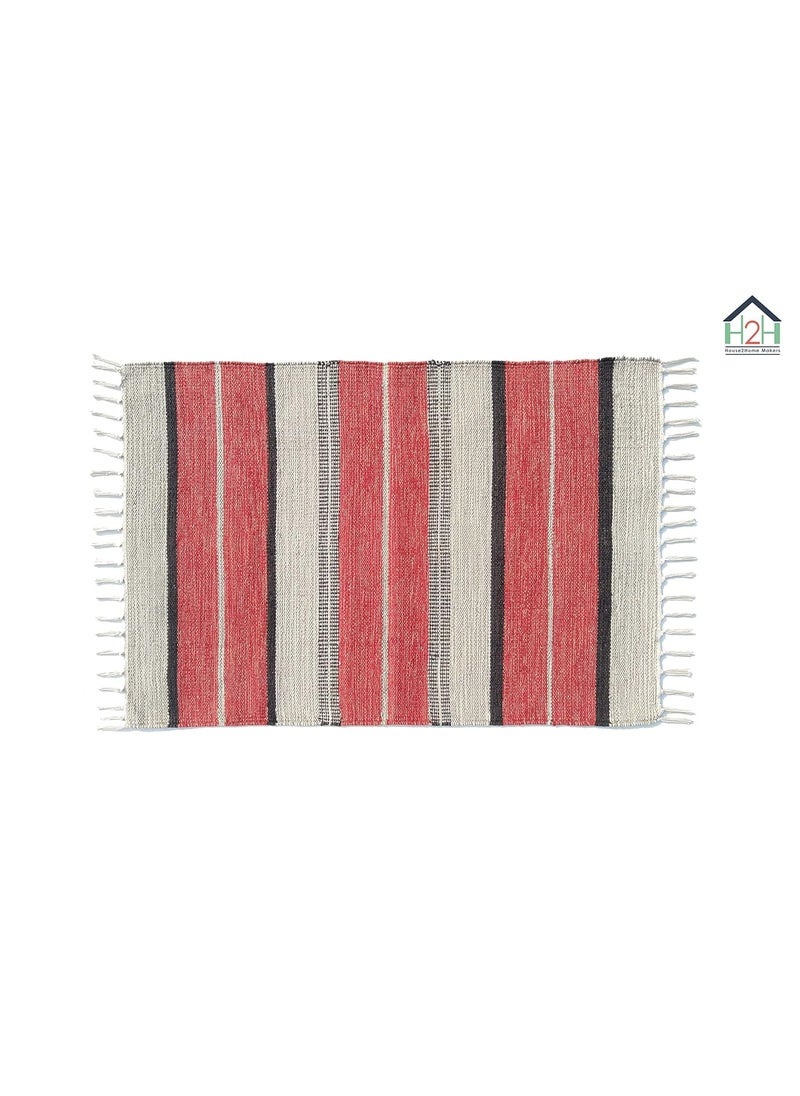 H2H - H2H Cotton Stripe Design|Unique Color Combination Bedside Rectangular Rug|60Cm X 90Cm-Red (60X90Cm) - Image 1