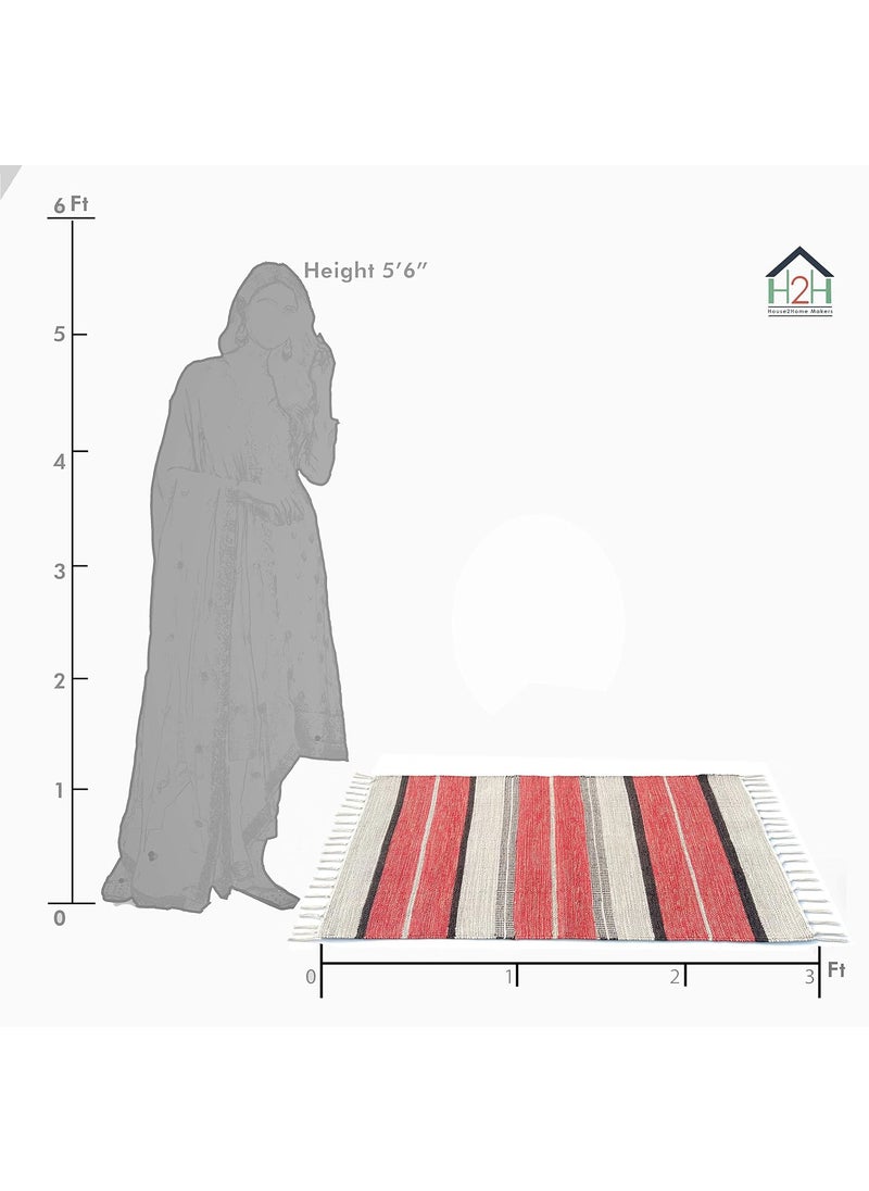 H2H - H2H Cotton Stripe Design|Unique Color Combination Bedside Rectangular Rug|60Cm X 90Cm-Red (60X90Cm) - Image 1