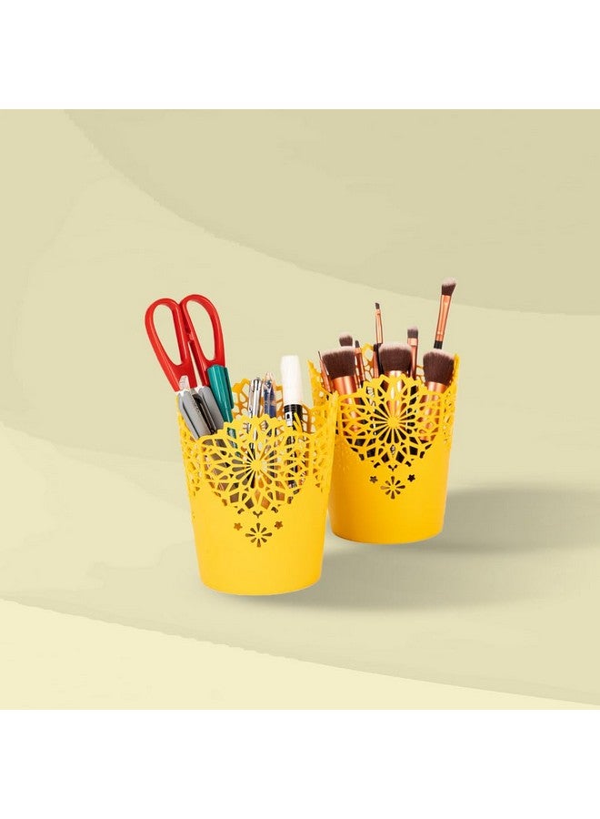 Nayasa Lacy Tall 2 Pcs Cylindrical Basket Set | Portable Basket | Basket Holder | Yellow - Image 1