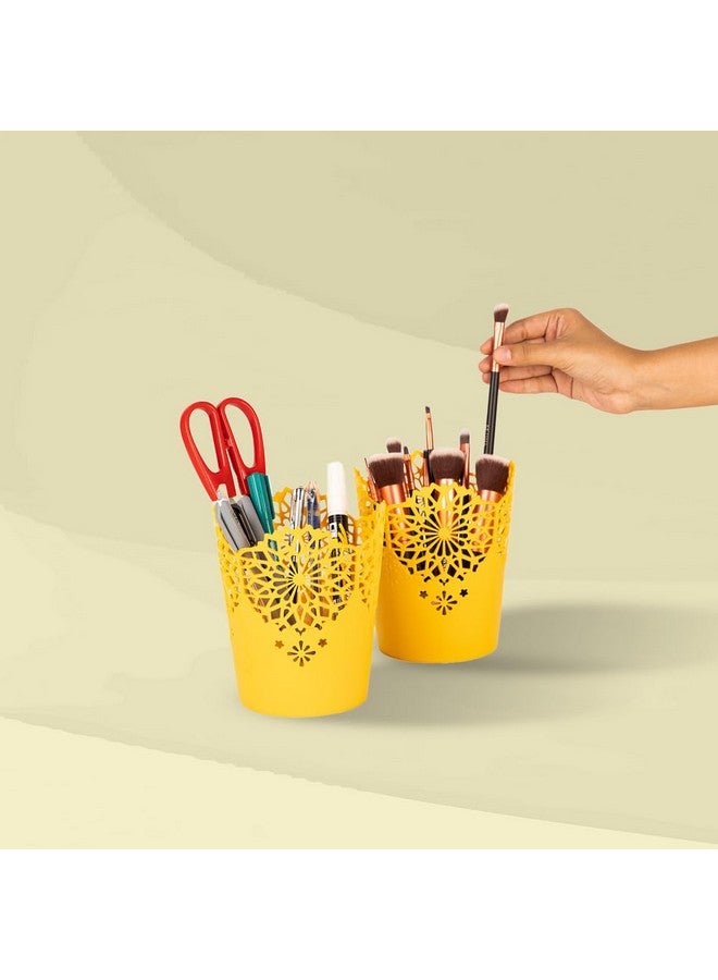Nayasa Lacy Tall 2 Pcs Cylindrical Basket Set | Portable Basket | Basket Holder | Yellow - Image 3