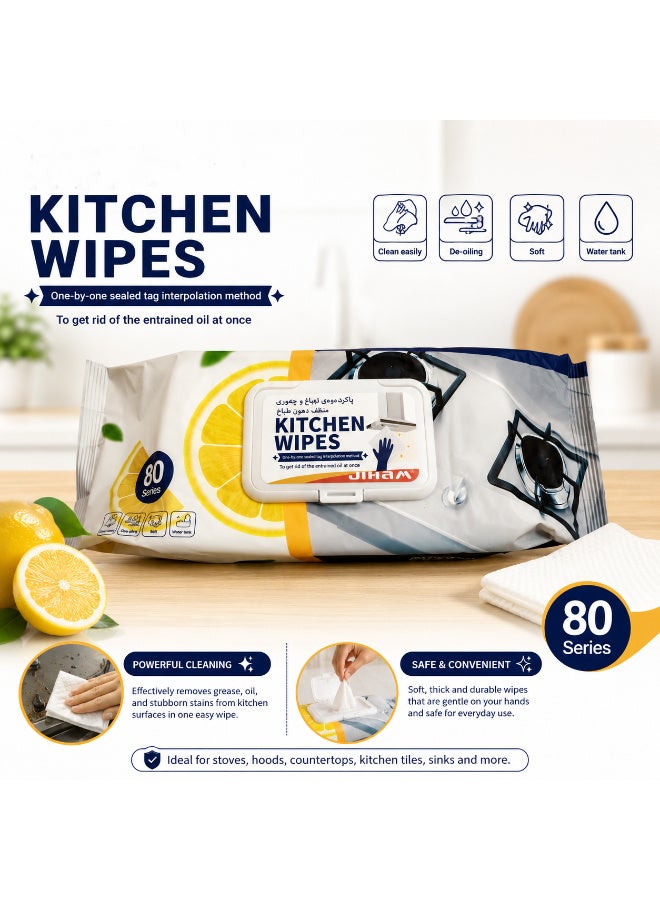 JIHAM Kitchen Cleaning Wet Wipes [1 Pack - 80 Count] Lemon Scented Powerful Cleaning Degreasing & Strong Oil Removal Wet Wipes for Kitchen, Restaurant, and Safe on Skin - Image 1