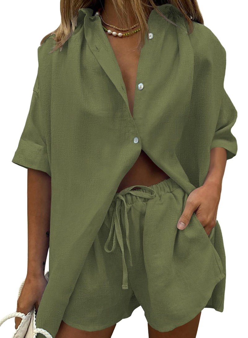 Fixmatti Women 2 Pieces Casual Outfits Button Down Cardigan and Elastic Waisted Shorts Tracksuit Army Green M - Image 1