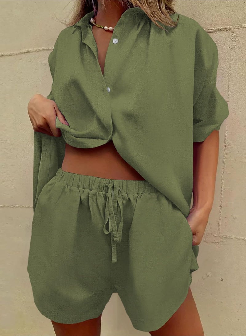 Fixmatti Women 2 Pieces Casual Outfits Button Down Cardigan and Elastic Waisted Shorts Tracksuit Army Green M - Image 5