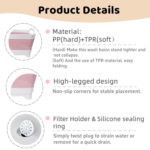 GIMWA Collapsible Wash Basin for Baby Bottles - 2.4 Gallons Portable Wash Bin for RV Camping Sink, Space-Saving Dish Tub (Pink) - Image 4