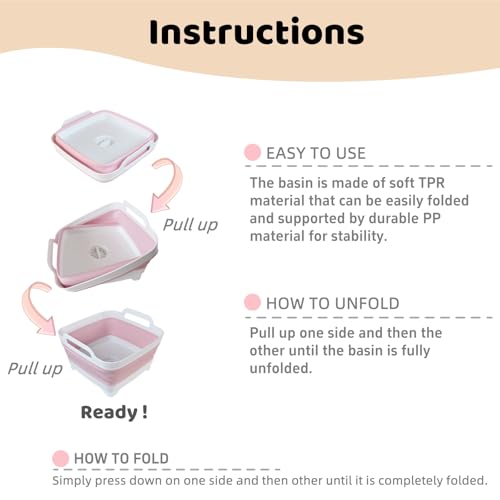 GIMWA Collapsible Wash Basin for Baby Bottles - 2.4 Gallons Portable Wash Bin for RV Camping Sink, Space-Saving Dish Tub (Pink) - Image 3