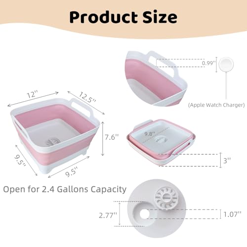 GIMWA Collapsible Wash Basin for Baby Bottles - 2.4 Gallons Portable Wash Bin for RV Camping Sink, Space-Saving Dish Tub (Pink) - Image 2