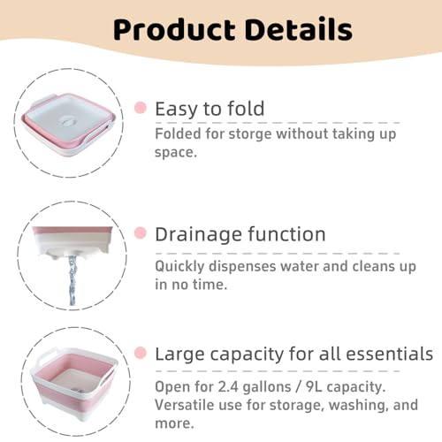 GIMWA Collapsible Wash Basin for Baby Bottles - 2.4 Gallons Portable Wash Bin for RV Camping Sink, Space-Saving Dish Tub (Pink) - Image 5
