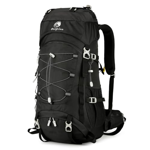 Outplea 60L Waterproof Backpacking Hiking Backpack with Rain Cover for Men, Large Outdoor Backpack for Camping Trekking Traveling, Black - Image 1