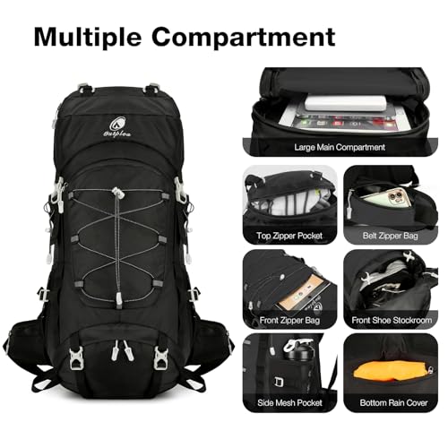 Outplea 60L Waterproof Backpacking Hiking Backpack with Rain Cover for Men, Large Outdoor Backpack for Camping Trekking Traveling, Black - Image 3