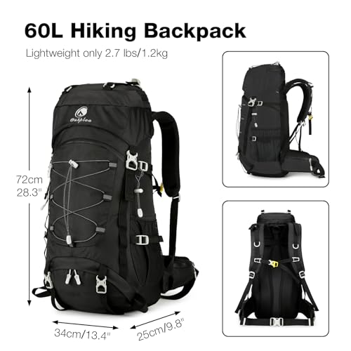 Outplea 60L Waterproof Backpacking Hiking Backpack with Rain Cover for Men, Large Outdoor Backpack for Camping Trekking Traveling, Black - Image 2