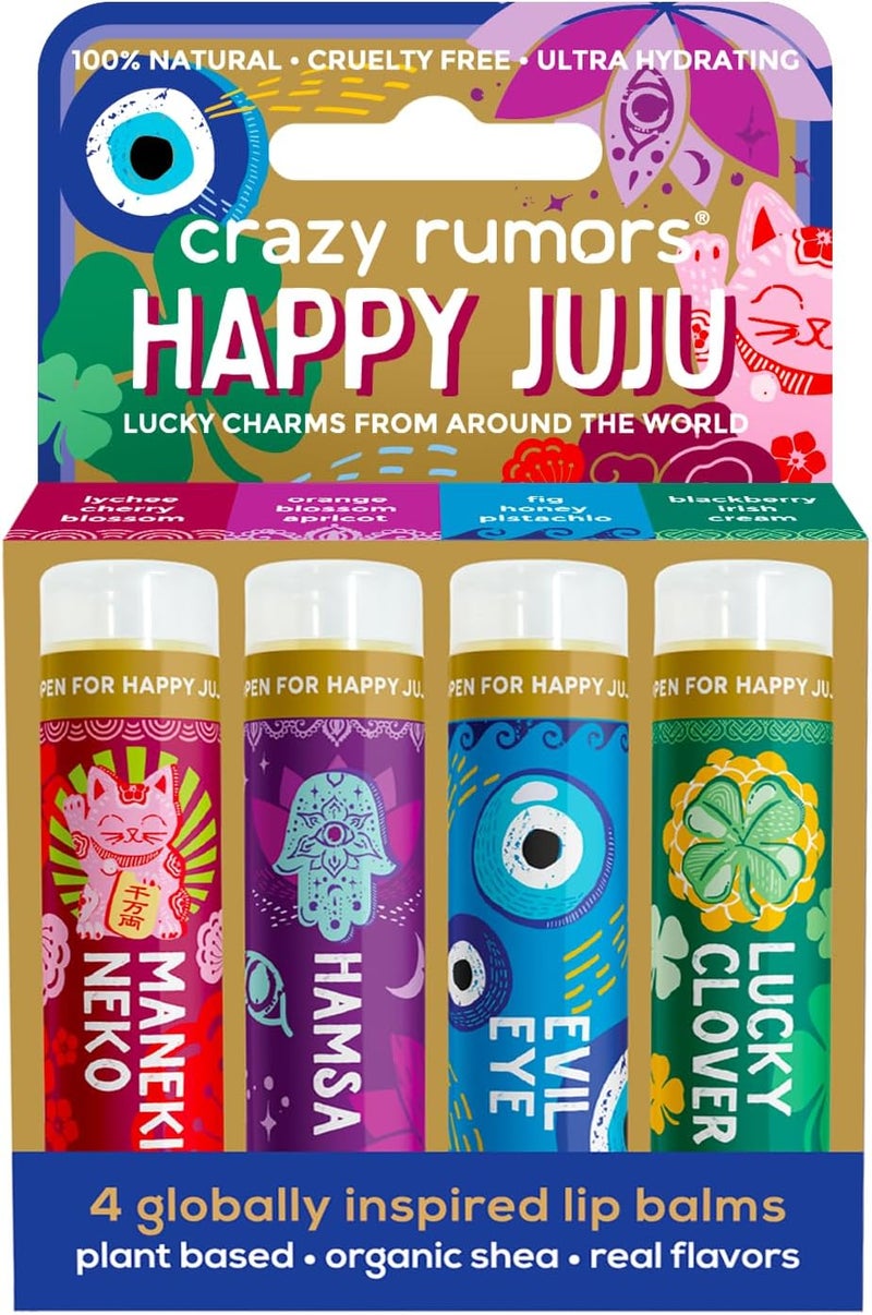 Crazy Rumors Happy Juju Lucky Charms Lip Balm Mix Maneki Neko Hamsa Evil Eye Lucky Clover 4 Pack Gift Set Natural Vegan lip balm sticks for adults and kids