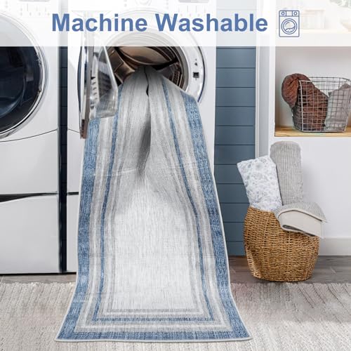 Beeiva Bordered 3x5 Washable Rug,Modern Printed Area Rug for Entryway Non Slip Indoor, Blue Non Shedding Entryway Ultra Thin Carpet for Office Bedroom Living Room Decor - Image 4