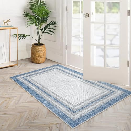 Beeiva Bordered 3x5 Washable Rug,Modern Printed Area Rug for Entryway Non Slip Indoor, Blue Non Shedding Entryway Ultra Thin Carpet for Office Bedroom Living Room Decor - Image 2