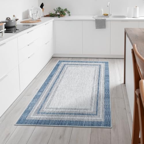 Beeiva Bordered 3x5 Washable Rug,Modern Printed Area Rug for Entryway Non Slip Indoor, Blue Non Shedding Entryway Ultra Thin Carpet for Office Bedroom Living Room Decor - Image 1