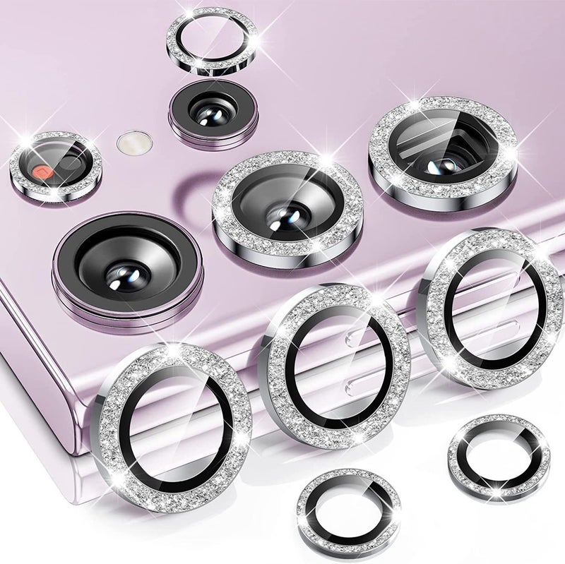 جابي Glitter Camera Lens Protector for Samsung Galaxy S25 Ultra, Aluminum Alloy Ring Tempered Glass Lens Protector Anti Scratch Decorative Camera Cover Fits for Galaxy S25 Ultra Glitter Silver - Image 1