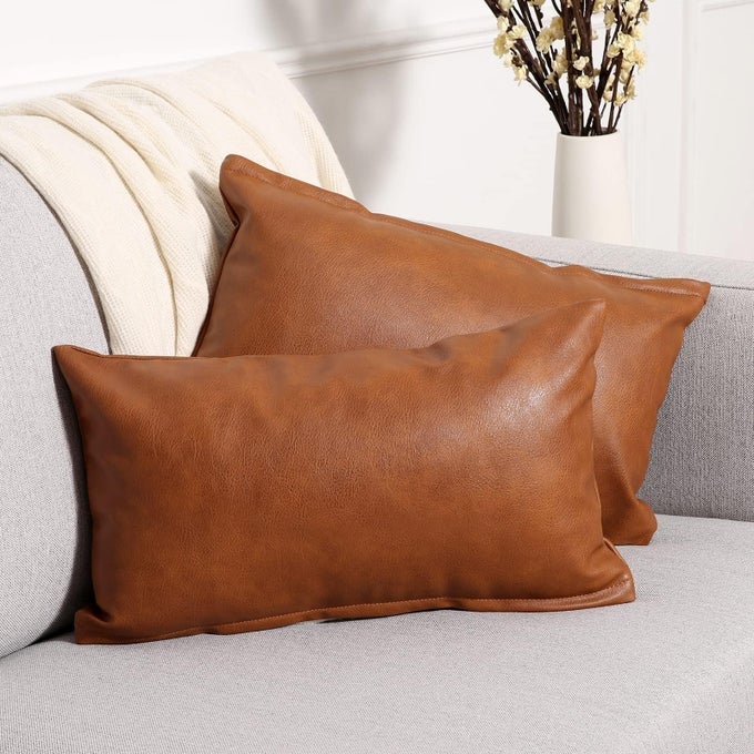 SET OF 2 LUMBAR FAUX LEATHER DECORATIVE THROW PILLOW COVERS MODERN SOLID OUTDOOR CUSHION CASES LUXURY PILLOWCASES FOR COUCH SOFA BED 12X20 INCHES BROWN