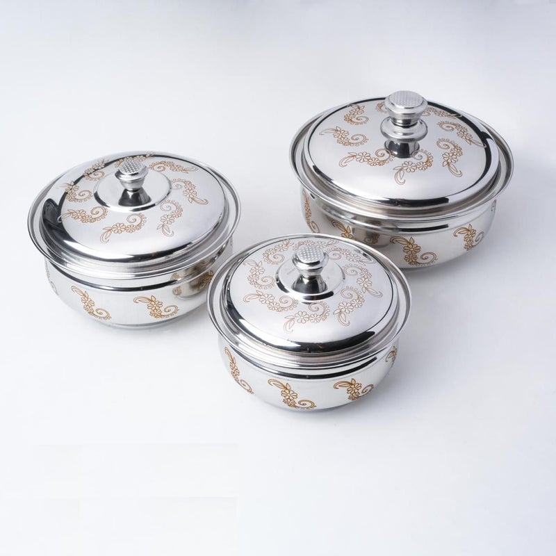 VISMII Stainless Steel Serving Bowl with Lid Bottom Bowl Mixing Steel Bowl Kitchen Bowl Set Induction Compatible Serving Bowl Salad Rice Desert Bowl Set Set of 3 - Image 1