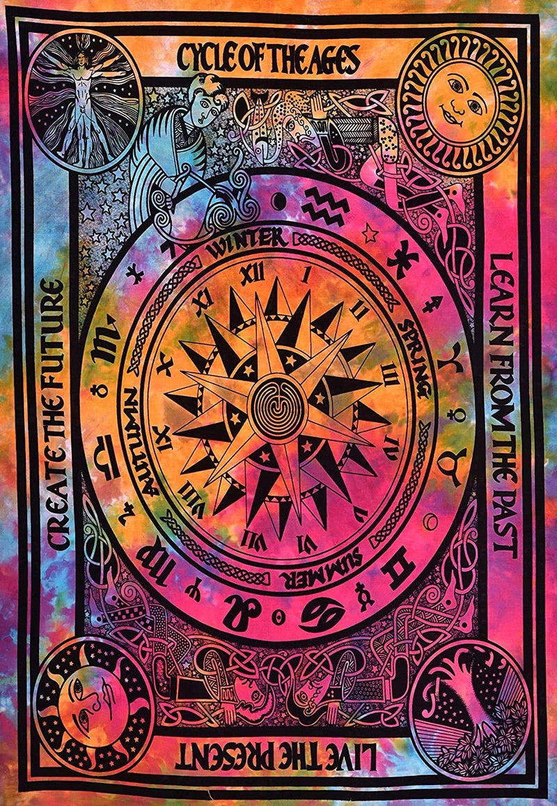 Doraya Psychedelic English Rashi Tie Dye Mandala Tapestry Hippie Hippy Celestial Wall Hanging Indian Bohemian Tapestries Multicolour Twin 54x84 Inches - Image 1