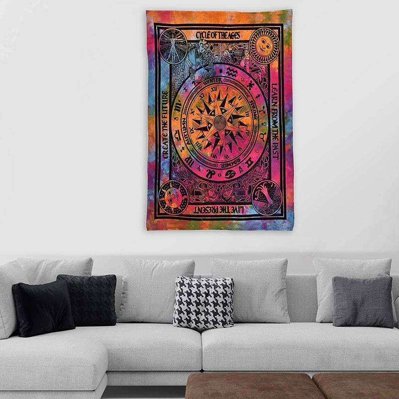 Doraya Psychedelic English Rashi Tie Dye Mandala Tapestry Hippie Hippy Celestial Wall Hanging Indian Bohemian Tapestries Multicolour Twin 54x84 Inches - Image 2