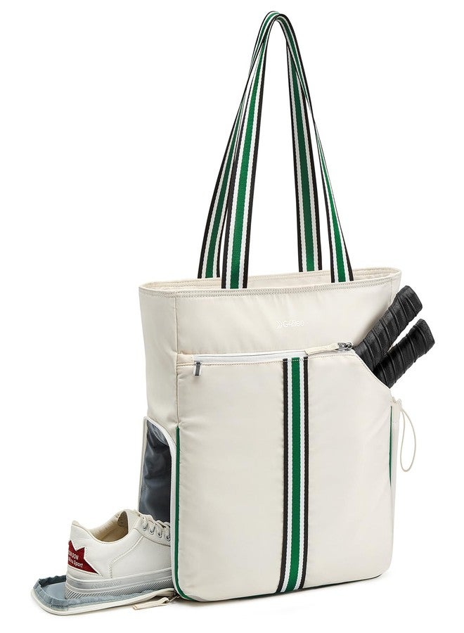 G4Free Pickleball Bag, Pickleball Tote Bag for Women Men, External Ball Bag with Shoe Compartment & Paddle Cover Pocket,Beige&Green - Image 1