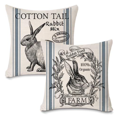 Faromily Vintage Farmhouse Bunny Throw Pillow Covers Retro Farm Rabbit Feed Home Décor Throw Pillow Case Cushion Cover 18" X 18" Set of 2 (Vintage Rabbit) - Image 1