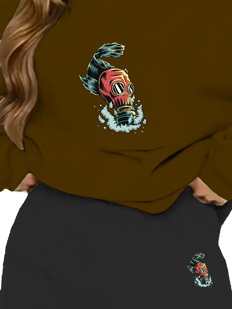دوغ فش Tracksuit Set Oversize Fish Printed Tracksuit Set, lover, couple combination Brown