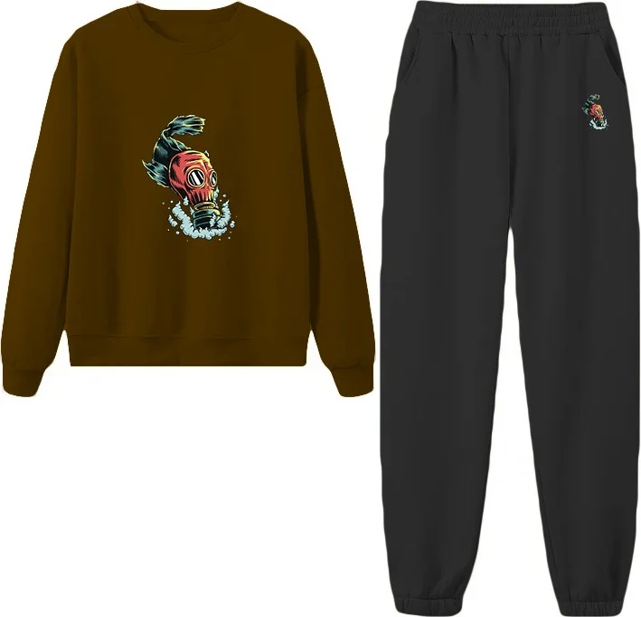 دوغ فش Tracksuit Set Oversize Fish Printed Tracksuit Set, lover, couple combination Brown