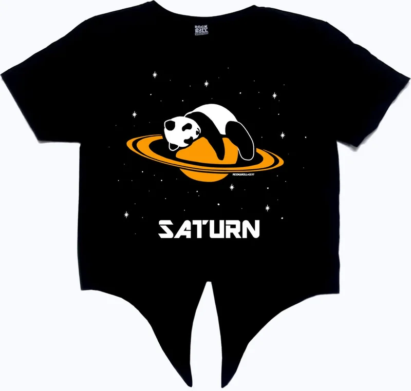 روك اند رول Panda on Saturn Black Crop Top Tied Women's T-Shirt