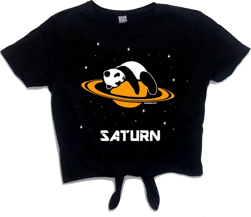 روك اند رول Panda on Saturn Black Crop Top Tied Women's T-Shirt
