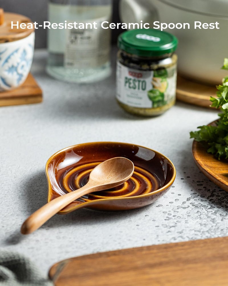 LAUCHUH Spoon Rest, 5 inches Large Ceramic Spoon Rest for Stove Top Cooking Spoon Holder for Kitchen Counter Spatula Holder for Tongs, Ladle, Fork, Heat-Resistant, Dark Brown - Image 5