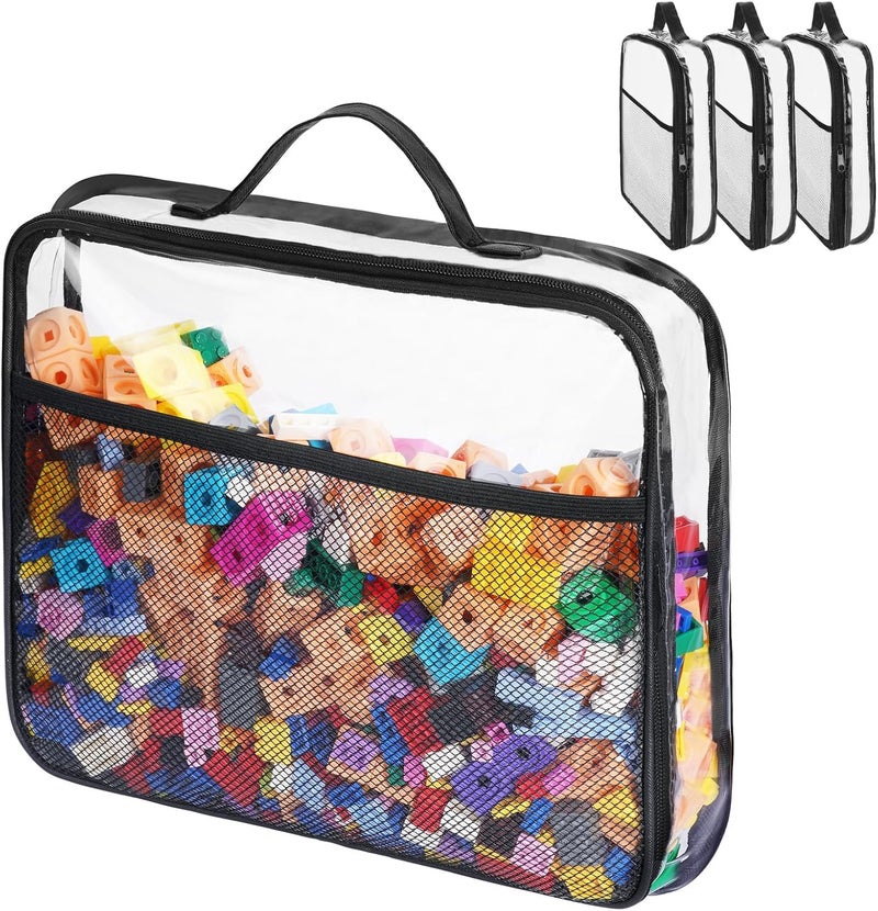 hotut PVC Toy Storage Bags,4Pcs Large PVC Storage Organizer Bags with Mesh Side Pockets,Clear Double Zipper Organizing Bags with Handle,Blocks Board Game Storage Organizer Case for Toys,Game Pieces - Image 1