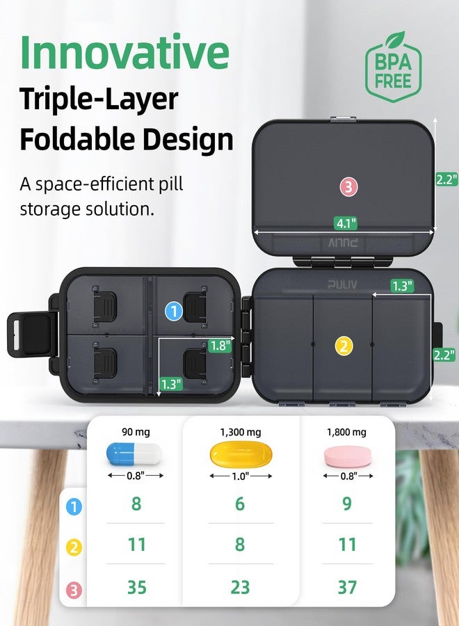 PULIV Travel Pill Organizer with 3 Layers for Compact and Large Storage, Easy-to-Open Daily Pill Box Case, Portable Medication Organizer with 8 Compartments for Supplements, Vitamins, Fish Oils - Image 2