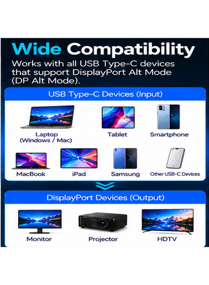 أونتن محول ONTEN OTN-UC103 من USB-C إلى DisplayPort (Type-C إلى DP 1.4)؛ يدعم دقة فائقة الوضوح ومعدل تحديث سلساً وفيديو فائق النقاء، ومثالي للاستخدام مع أجهزة الكمبيوتر المحمول (بما في ذلك MacBook) والحواسيب المكتبية والشاشات، وكذلك للألعاب وتحرير الفيديو والرسومات الاحترافية وإعدادات الشاشات المتعددة. - Image 2