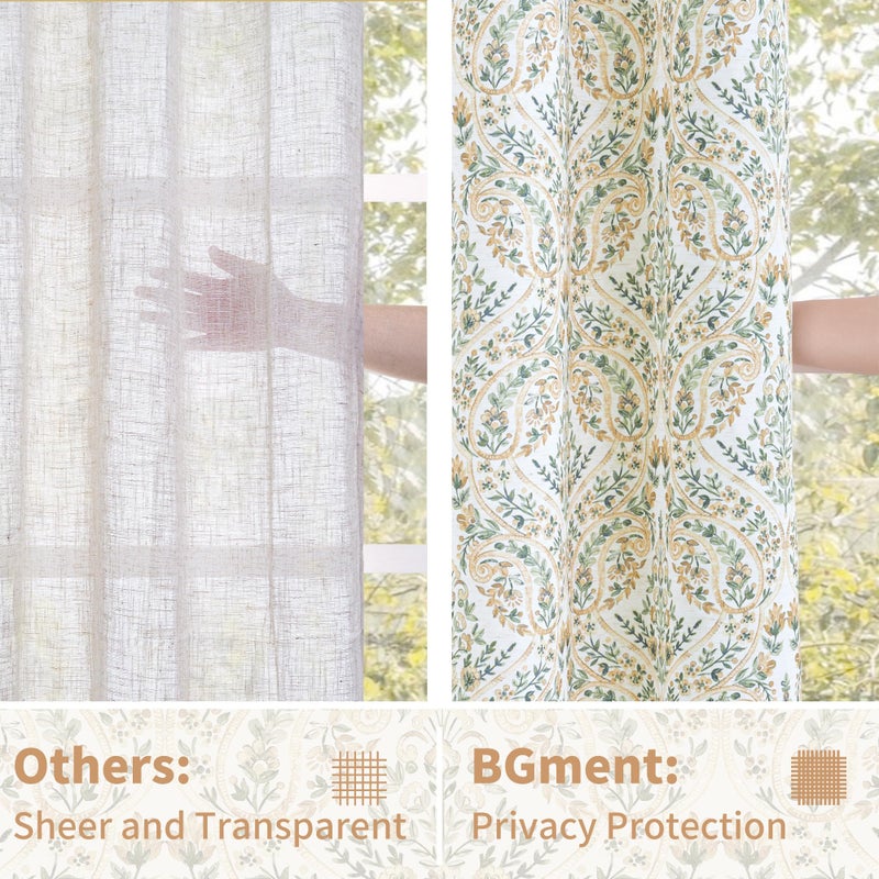 BGment Champagne Boho Curtains for Living Room - Linen Leaf Paisley Floral Pattern Light Filtering French Country Grommet Window Semi Sheer Drapes for Farmhouse, 2 Panels, 52 x 84 Inch - Image 5