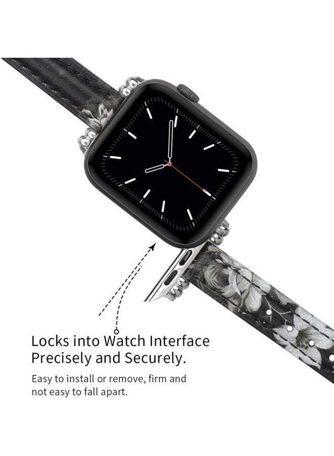 نيبمينينت سوار بديل من الجلد لخيط الخياطة لساعات سيريز 7/6/5/4/3/2/1/SE 41/40/38 زهور سوداء غبارية - Image 4