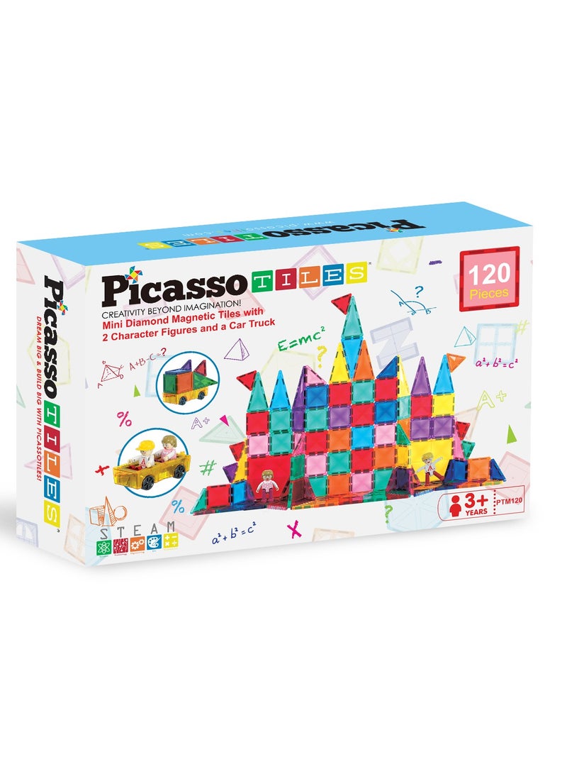 PicassoTiles Magnetic Tiles Mini Diamond With 2 Character + Car Truck 120 Pieces, Magnetic Tiles, Building Blocks, Educational Toy Set, Construction Building Kit For Child Brain Development  - Image 1