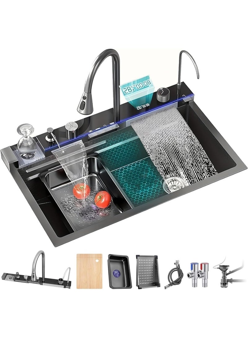 YD Luxury Smart Kitchen Sink with Digital Display, Waterfall & Pull-Down Faucet | Stainless Steel Multifunction Kitchen Sink Set with LED Temperature Display - Image 1