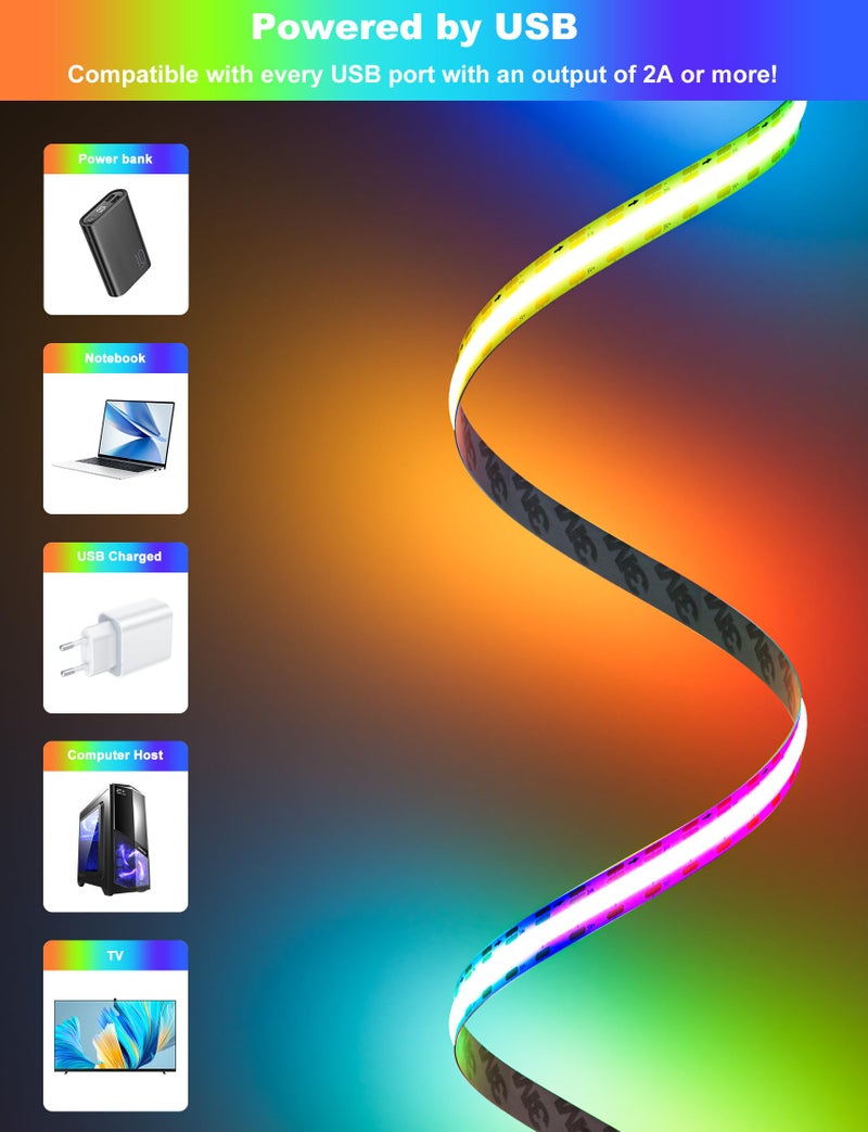 PAUTIX RGB Smart IC COB LED Strip Light Color Chasing,5V USB UL-Listed Multicolor Flexible Tape Light 6.56ft/2m with Music Mode/APP Control,for TV,Bedroom,Party DIY Decoration - Image 5