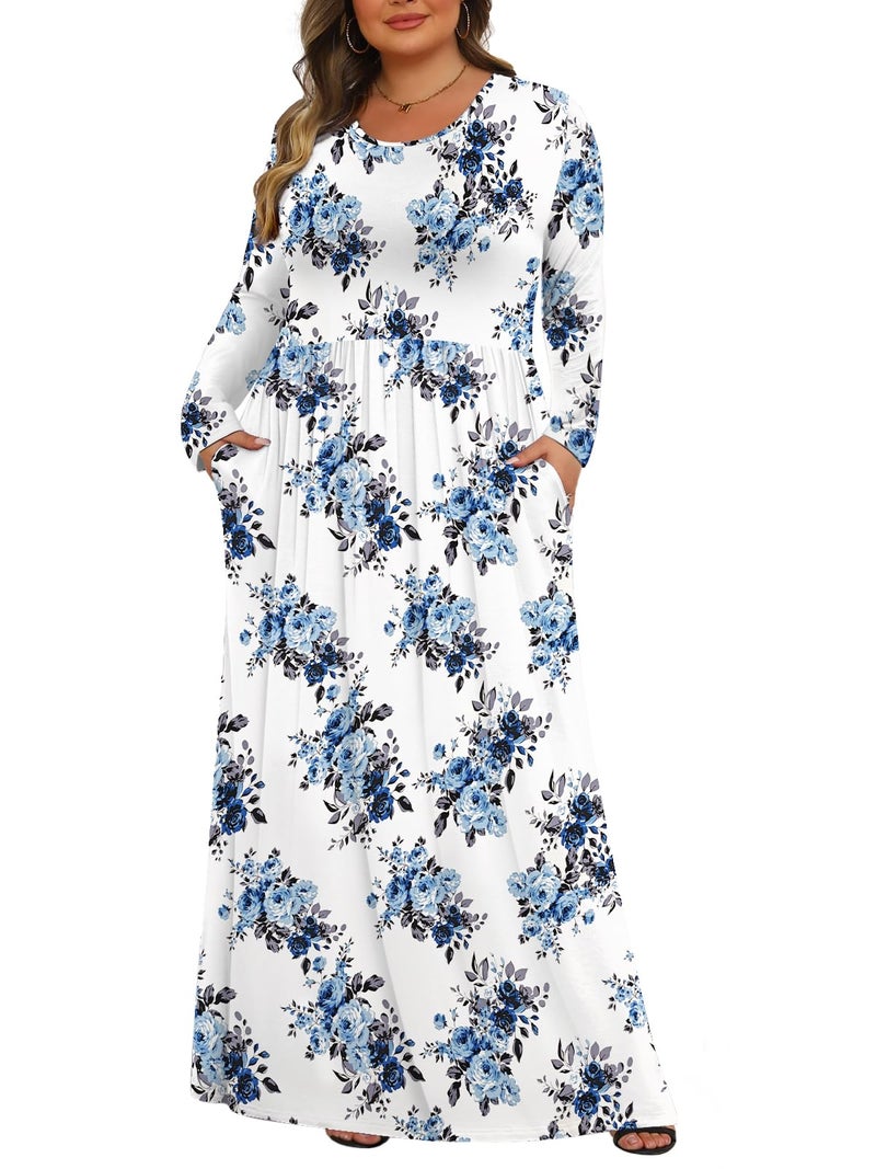 Tencede Womens Plus Size Maxi Dresses Long Sleeve with Pockets Casual Long Dress Blue Rose 3X - Image 1