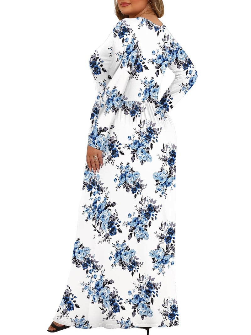 Tencede Womens Plus Size Maxi Dresses Long Sleeve with Pockets Casual Long Dress Blue Rose 3X - Image 4