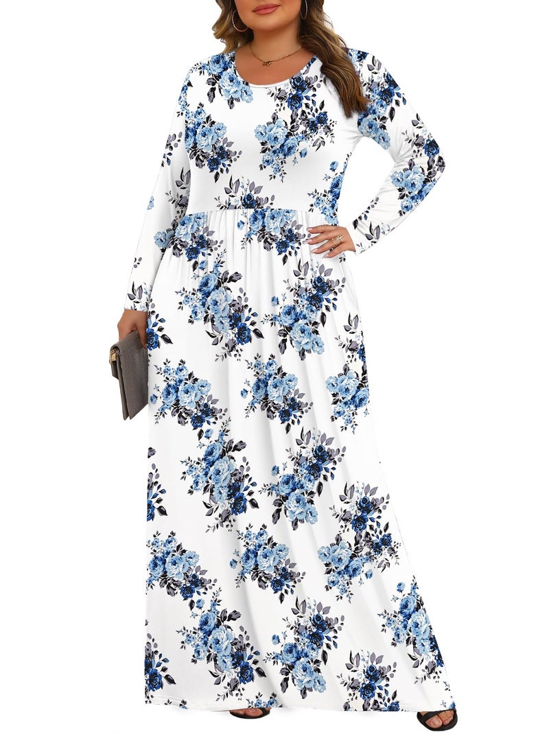 Tencede Womens Plus Size Maxi Dresses Long Sleeve with Pockets Casual Long Dress Blue Rose 3X - Image 2