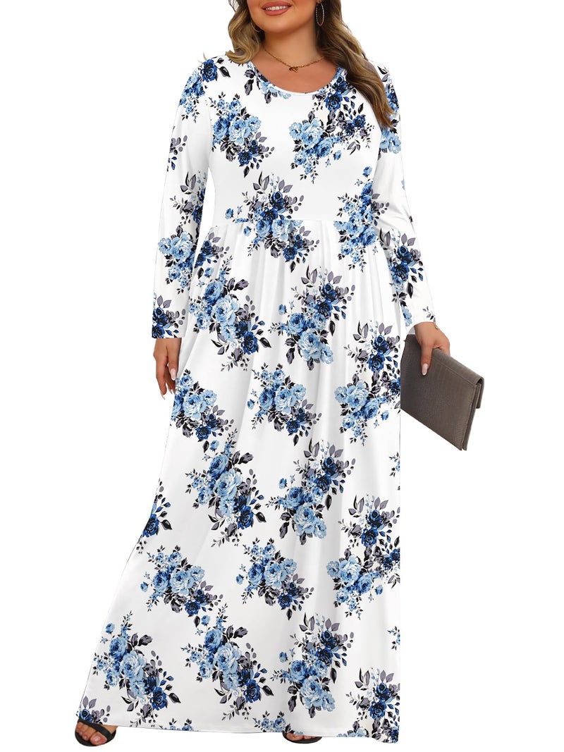 Tencede Womens Plus Size Maxi Dresses Long Sleeve with Pockets Casual Long Dress Blue Rose 3X - Image 3
