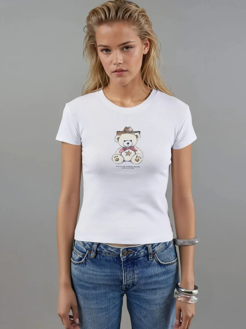 بوسيم بلوزة قطنية قصيرة الأكمام بياقة مستديرة