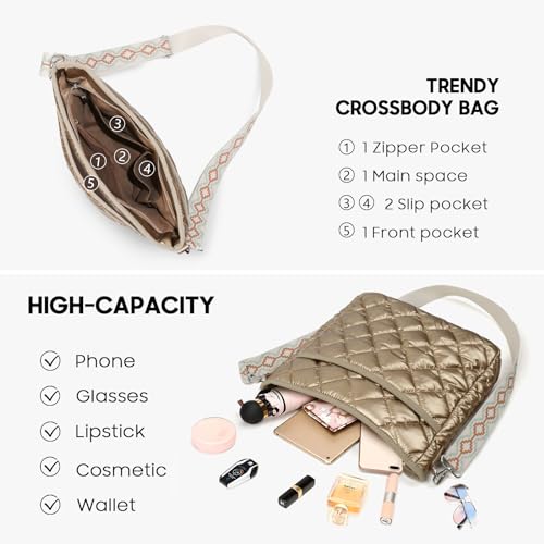 EPEDAL24 Quilted Crossbody Bags for Women, Unique Pattern Strap Gold Crossbody Bag, Puffy Crossbody Bags for Women (Gold) - Image 5