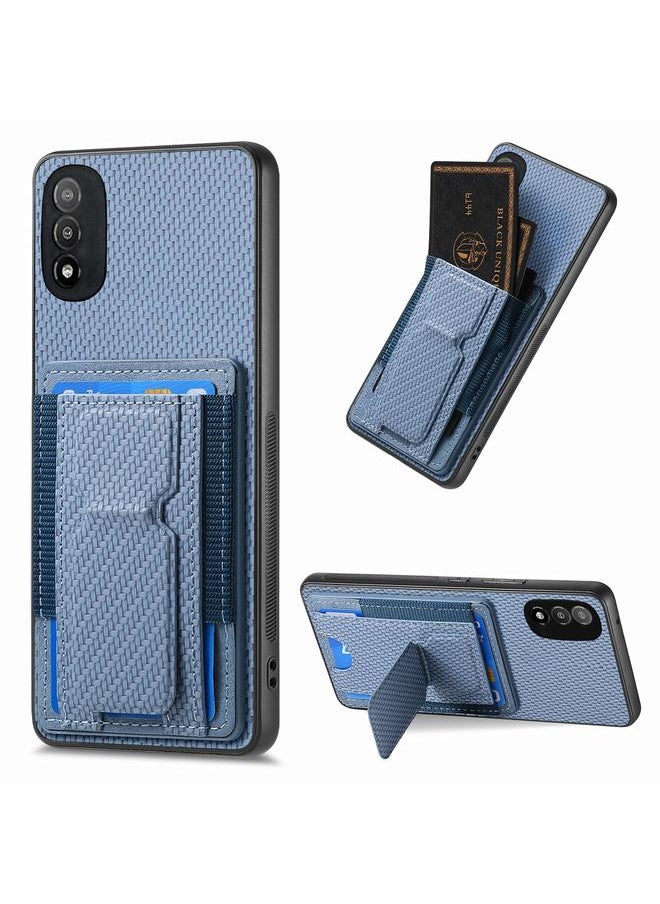 erorex - For Motorola Moto E20/E30 Carbon Fiber Fold Stand Elastic Card Bag Phone Case(Blue) - Image 1