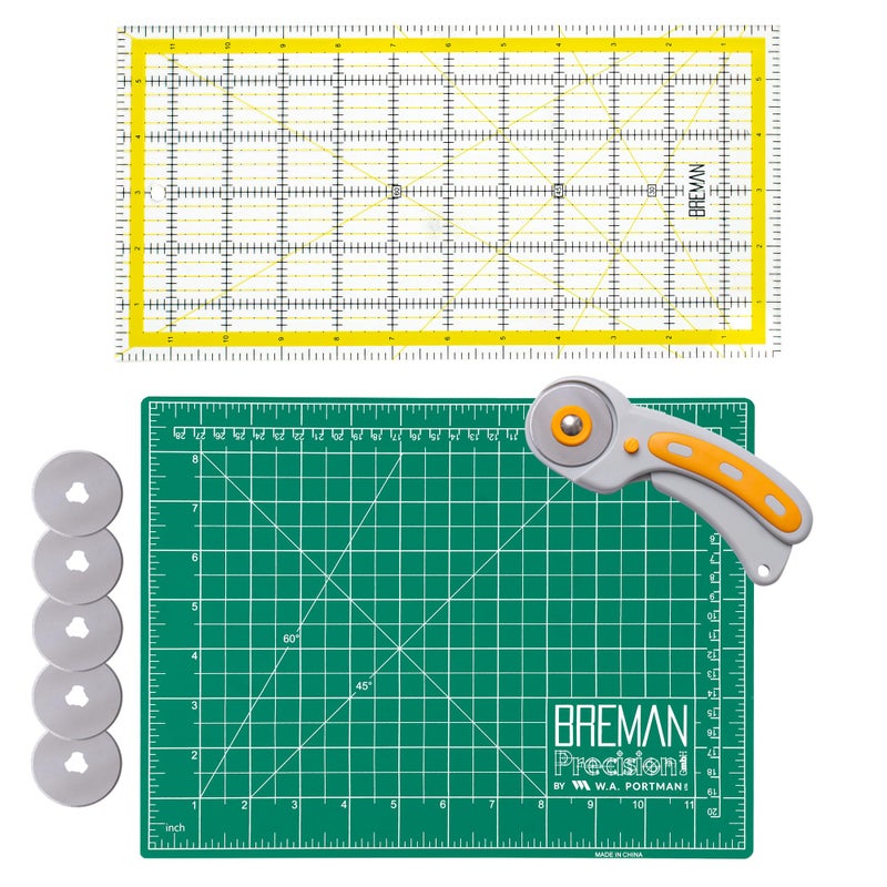 W.A. Portman WA Portman Self Healing Cutting Mat & Rotary Cutter Set â€“ 45mm Rotary Cutter for Fabric with 5 Extra Blades with 9x12 Fabric Cutting Mats for Crafts & 6x12 Acrylic Quilting Rulers â€“ 3pc Sewing Kit - Image 1