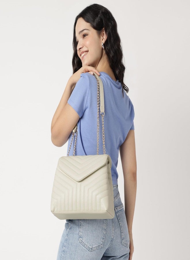 Fastrack Chevron Quilted Sling Bag for Women | Faux Leather Crossbody with 3 Compartments, Zip and Magnetic Flap Closure, Chain Strap | Trendy Everyday Sling for Casual and City Outings - Image 2